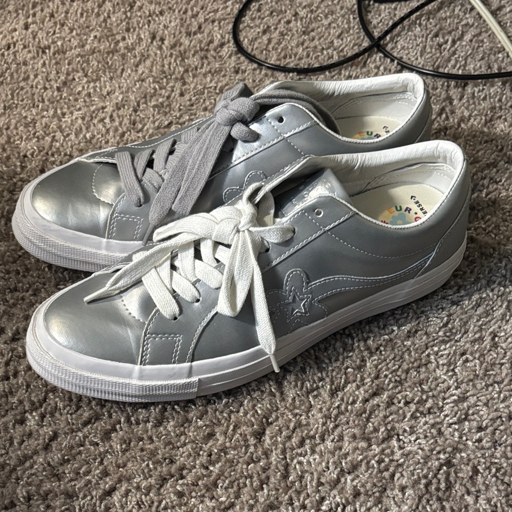 Converse Metallic Silver Sneakers with Mixed Laces